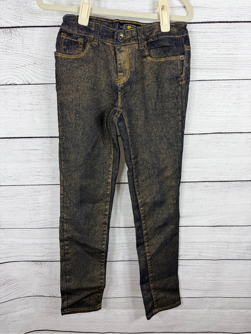 Lucky Brand Gold Metallic Skinny Jeans Dark Wash Adjustable Size 10
